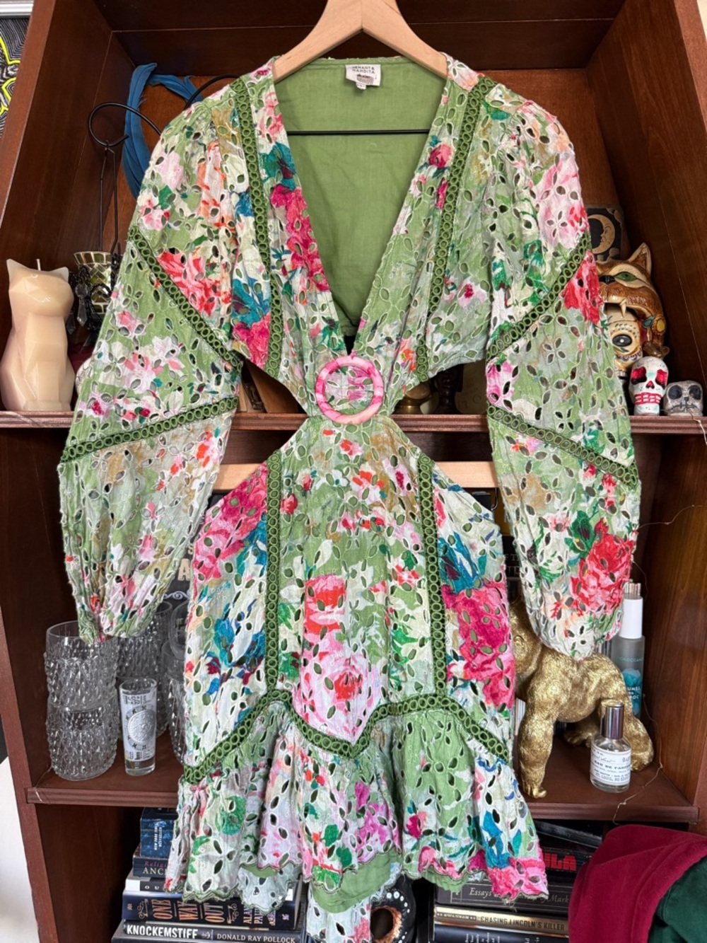 HEMANT & NANDITA - Green Floral Cutout Mini Dress - Women’s Small 2/4 - Picture 4 of 9